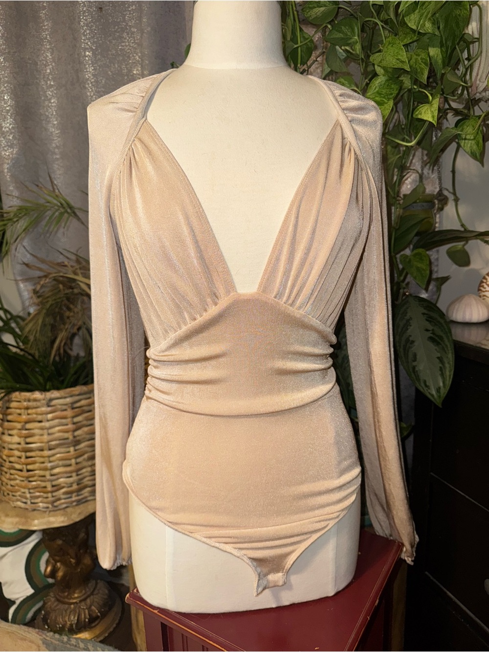 Free People Shimmery Nude V-Neck Long Sleeve Bodysuit